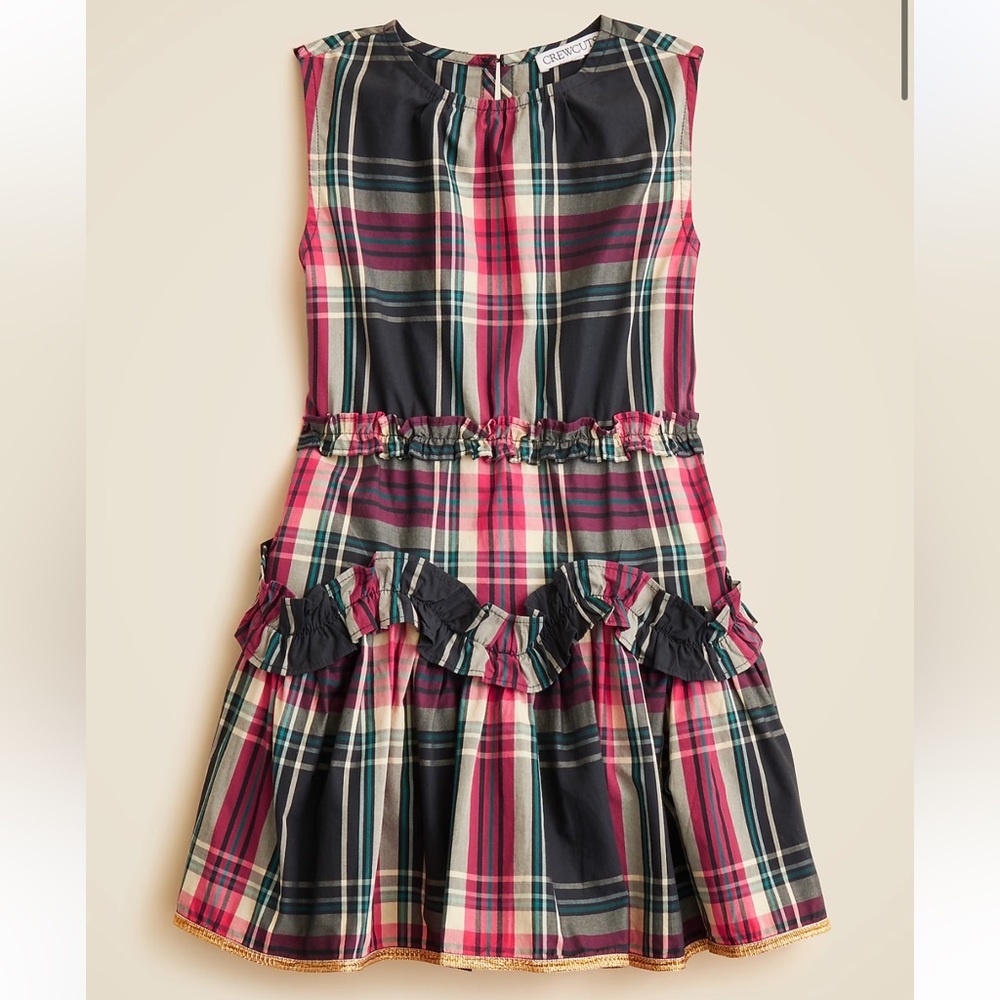 New with tags J.Crew girls cotton poplin Plaid Ruffle Dress with gold trim